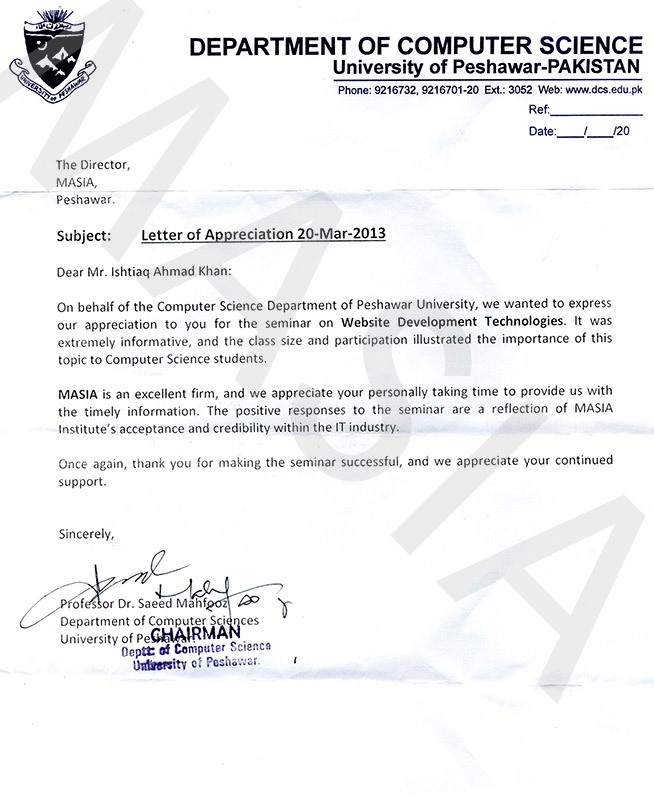 Department of Computer Sciences, University of Peshawar Appreciation/Recommendation for MASIA Institute