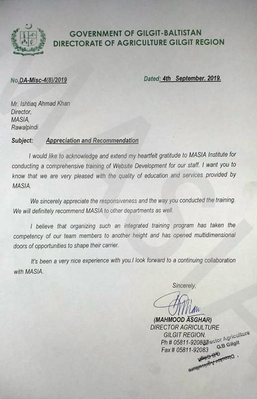 Directorate of Agriculture, Govt. of Gillgit Baltistan Appreciation/Recommendation for MASIA Institute